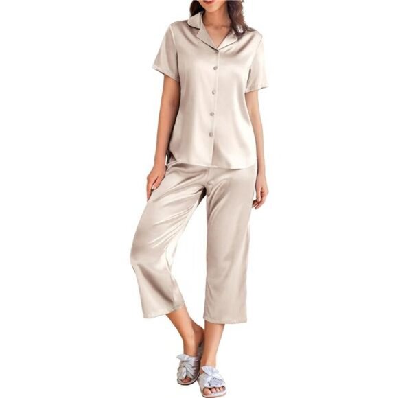 Women's Satin Pajamas Set Short Sleeve Button Down Silk Loungewear Pjs